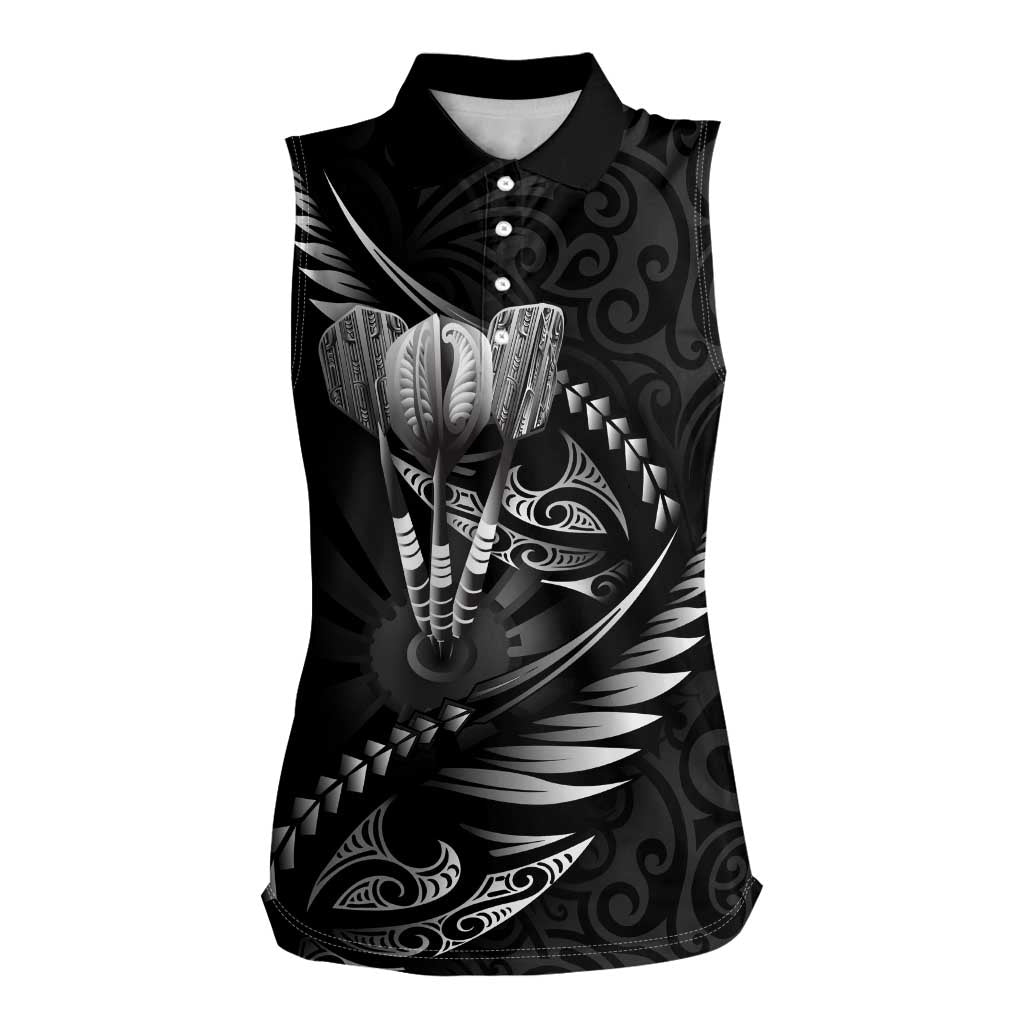 Personalised All Black New Zealand Darts Women Sleeveless Polo Shirt Aoteroa Fern Maori Galaxy Style