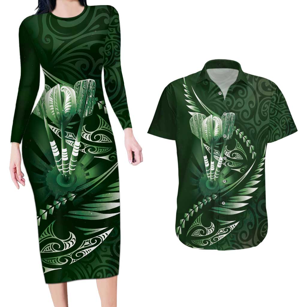Personalised All Green New Zealand Darts Couples Matching Long Sleeve Bodycon Dress and Hawaiian Shirt Aoteroa Fern Maori Galaxy Style