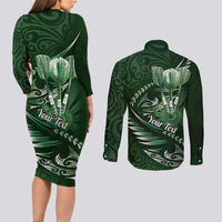 Personalised All Green New Zealand Darts Couples Matching Long Sleeve Bodycon Dress and Long Sleeve Button Shirt Aoteroa Fern Maori Galaxy Style