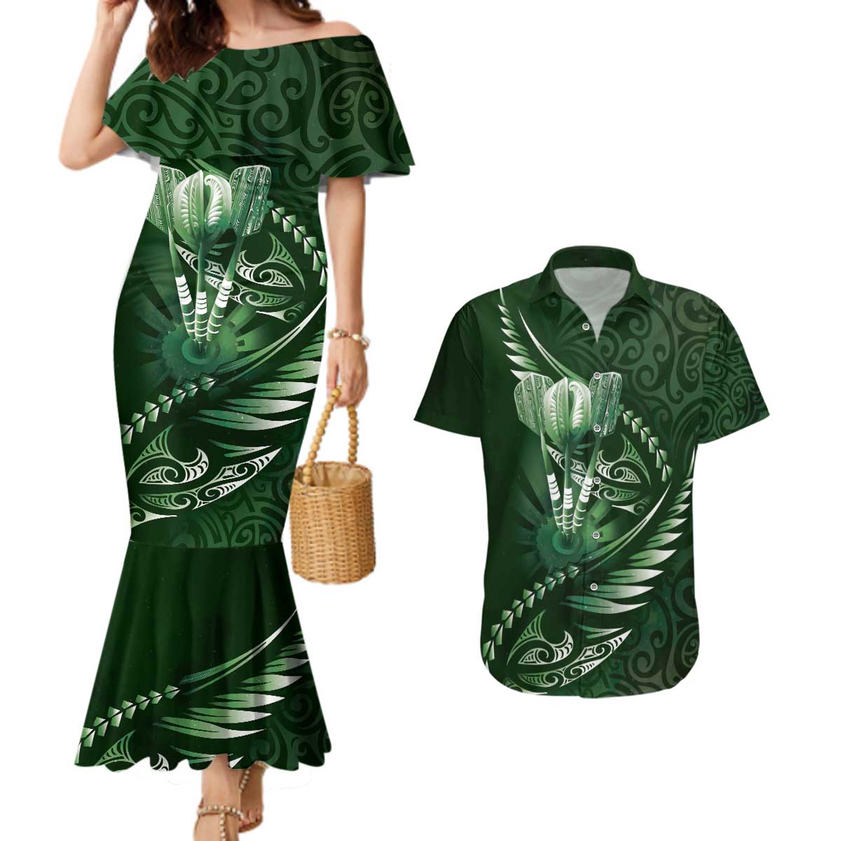 Personalised All Green New Zealand Darts Couples Matching Mermaid Dress and Hawaiian Shirt Aoteroa Fern Maori Galaxy Style