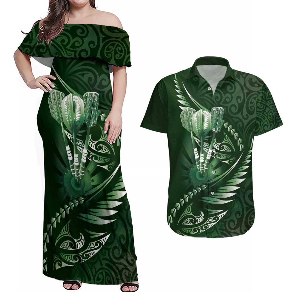 Personalised All Green New Zealand Darts Couples Matching Off Shoulder Maxi Dress and Hawaiian Shirt Aoteroa Fern Maori Galaxy Style