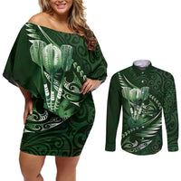 Personalised All Green New Zealand Darts Couples Matching Off Shoulder Short Dress and Long Sleeve Button Shirt Aoteroa Fern Maori Galaxy Style