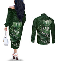 Personalised All Green New Zealand Darts Couples Matching Off The Shoulder Long Sleeve Dress and Long Sleeve Button Shirt Aoteroa Fern Maori Galaxy Style