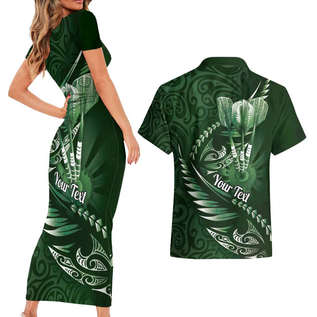 Personalised All Green New Zealand Darts Couples Matching Short Sleeve Bodycon Dress and Hawaiian Shirt Aoteroa Fern Maori Galaxy Style
