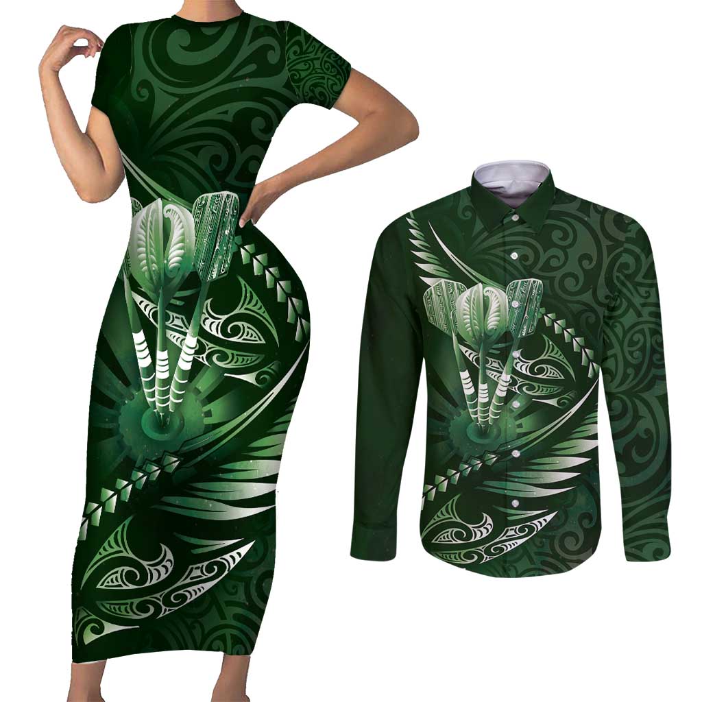 Personalised All Green New Zealand Darts Couples Matching Short Sleeve Bodycon Dress and Long Sleeve Button Shirt Aoteroa Fern Maori Galaxy Style