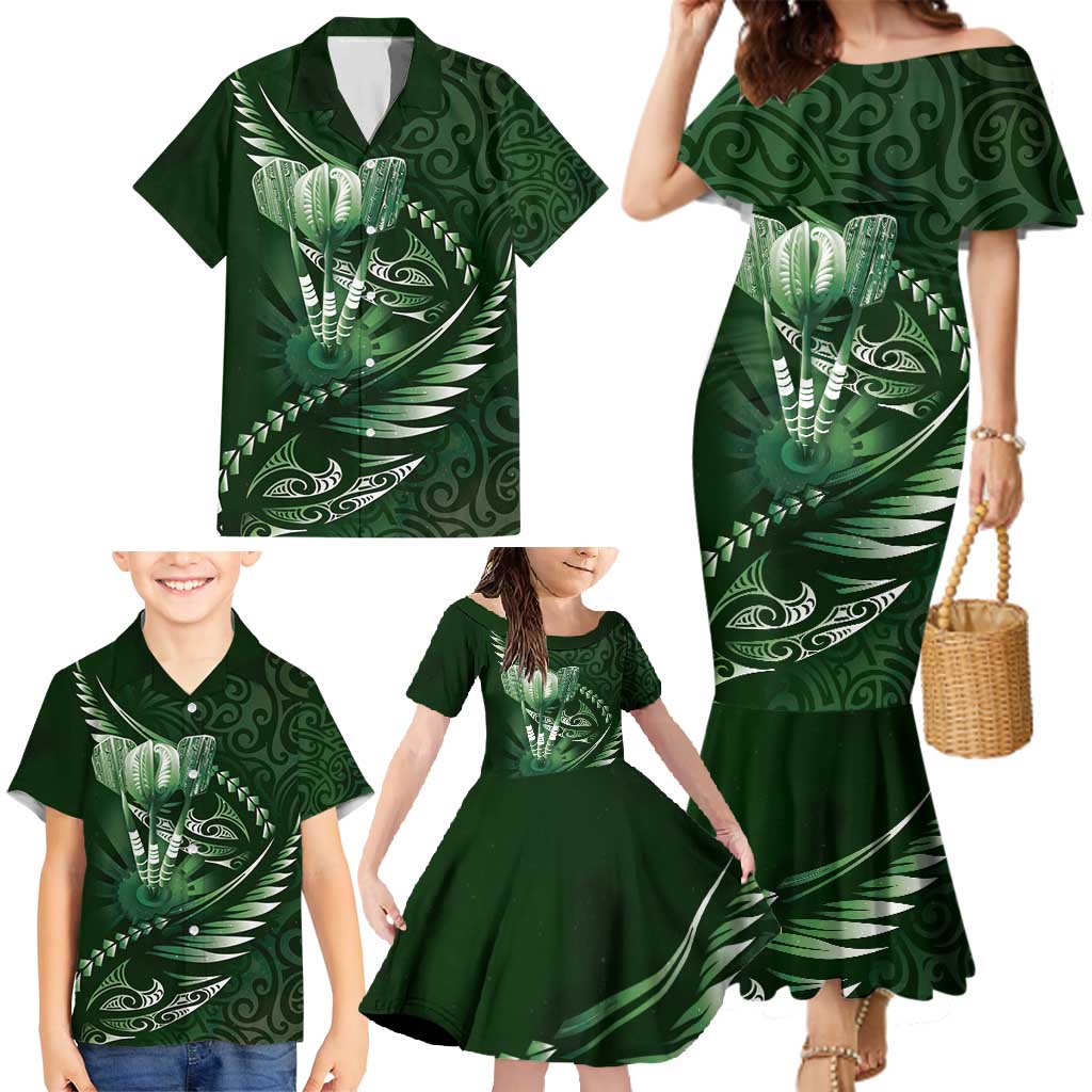 Personalised All Green New Zealand Darts Family Matching Mermaid Dress and Hawaiian Shirt Aoteroa Fern Maori Galaxy Style
