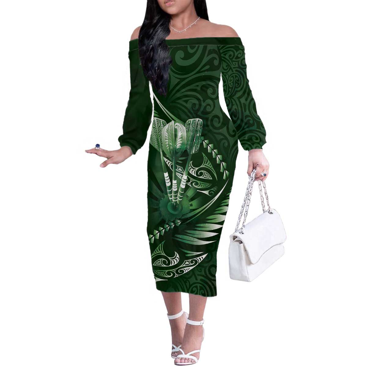 Personalised All Green New Zealand Darts Family Matching Off The Shoulder Long Sleeve Dress and Hawaiian Shirt Aoteroa Fern Maori Galaxy Style
