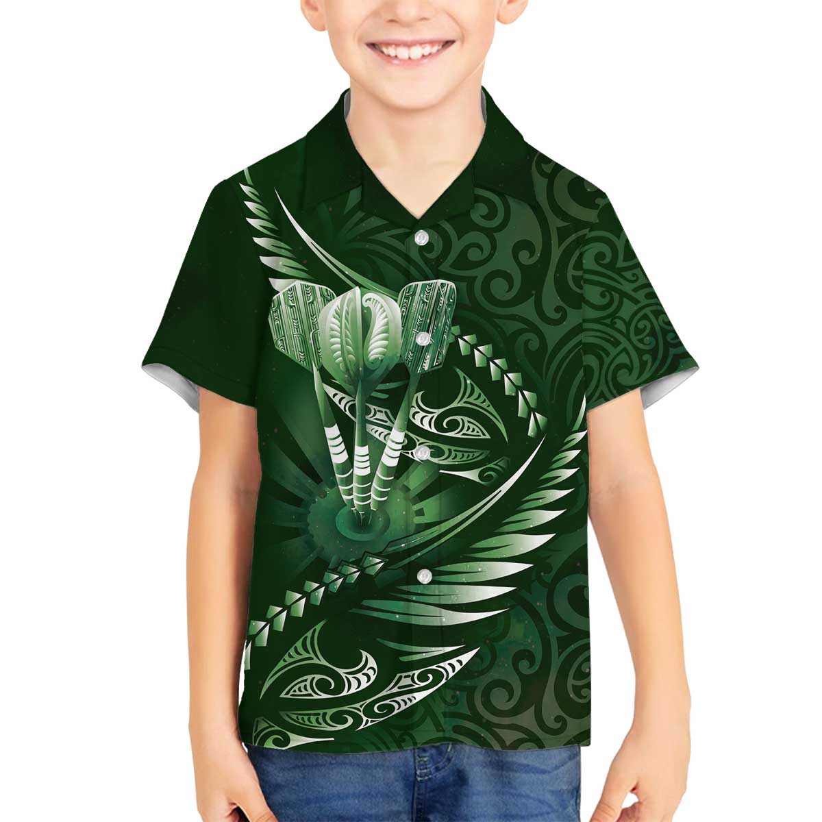 Personalised All Green New Zealand Darts Family Matching Off The Shoulder Long Sleeve Dress and Hawaiian Shirt Aoteroa Fern Maori Galaxy Style