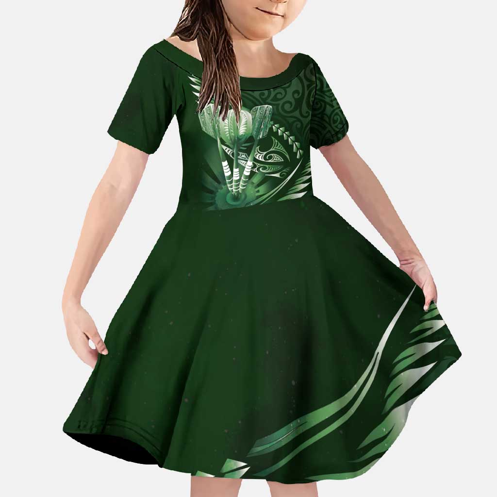 Personalised All Green New Zealand Darts Family Matching Short Sleeve Bodycon Dress and Hawaiian Shirt Aoteroa Fern Maori Galaxy Style