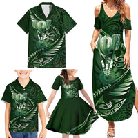 Personalised All Green New Zealand Darts Family Matching Summer Maxi Dress and Hawaiian Shirt Aoteroa Fern Maori Galaxy Style