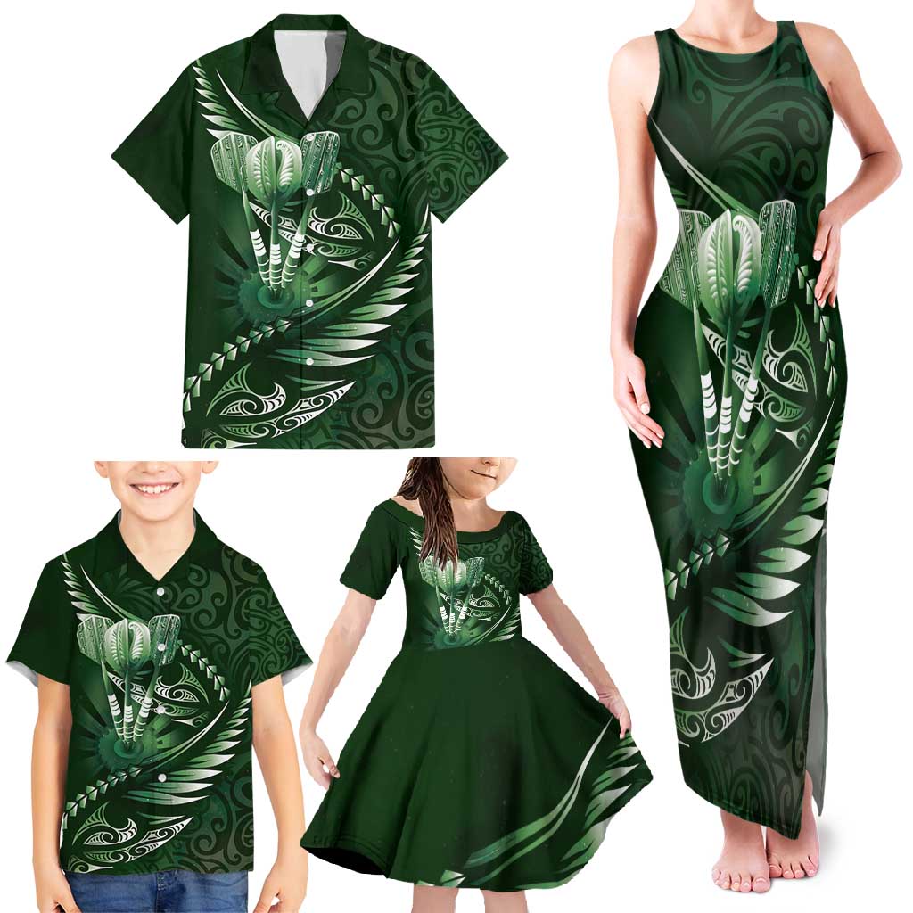 Personalised All Green New Zealand Darts Family Matching Tank Maxi Dress and Hawaiian Shirt Aoteroa Fern Maori Galaxy Style