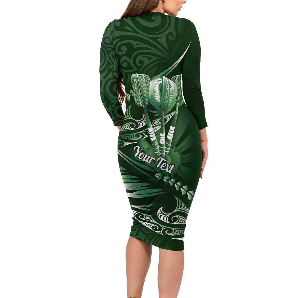 Personalised All Green New Zealand Darts Long Sleeve Bodycon Dress Aoteroa Fern Maori Galaxy Style