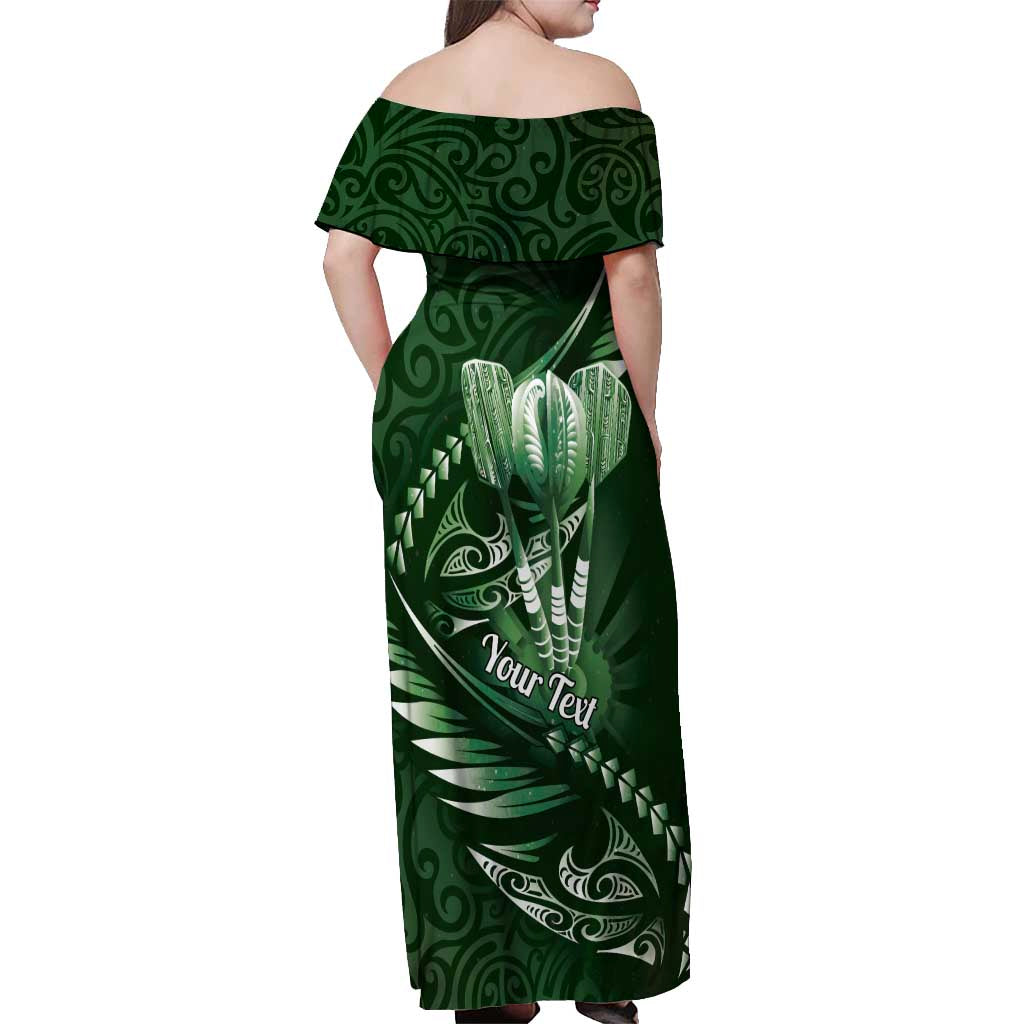 Personalised All Green New Zealand Darts Off Shoulder Maxi Dress Aoteroa Fern Maori Galaxy Style