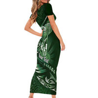 Personalised All Green New Zealand Darts Short Sleeve Bodycon Dress Aoteroa Fern Maori Galaxy Style