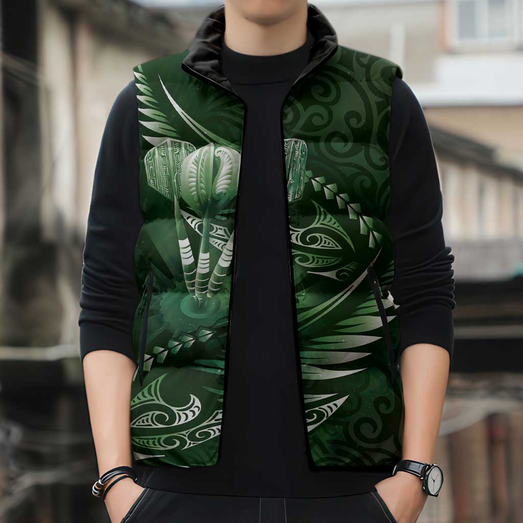 Personalised All Green New Zealand Darts Sleeveless Puffer Jacket Aoteroa Fern Maori Galaxy Style - Polynesian Pride