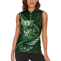 Personalised All Green New Zealand Darts Women Sleeveless Polo Shirt Aoteroa Fern Maori Galaxy Style