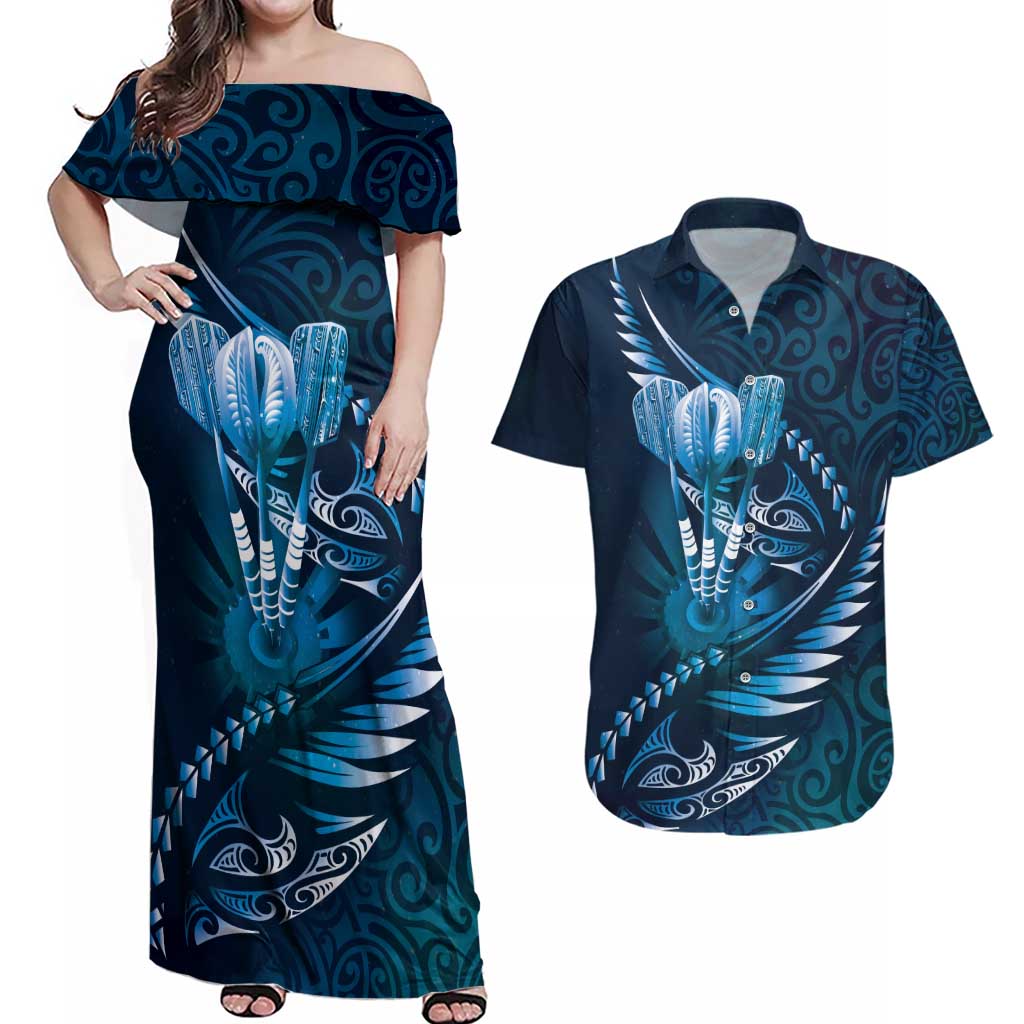 Personalised All Blue New Zealand Darts Couples Matching Off Shoulder Maxi Dress and Hawaiian Shirt Aoteroa Fern Maori Galaxy Style