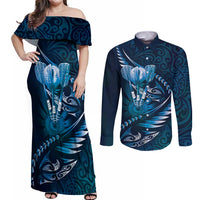 Personalised All Blue New Zealand Darts Couples Matching Off Shoulder Maxi Dress and Long Sleeve Button Shirt Aoteroa Fern Maori Galaxy Style