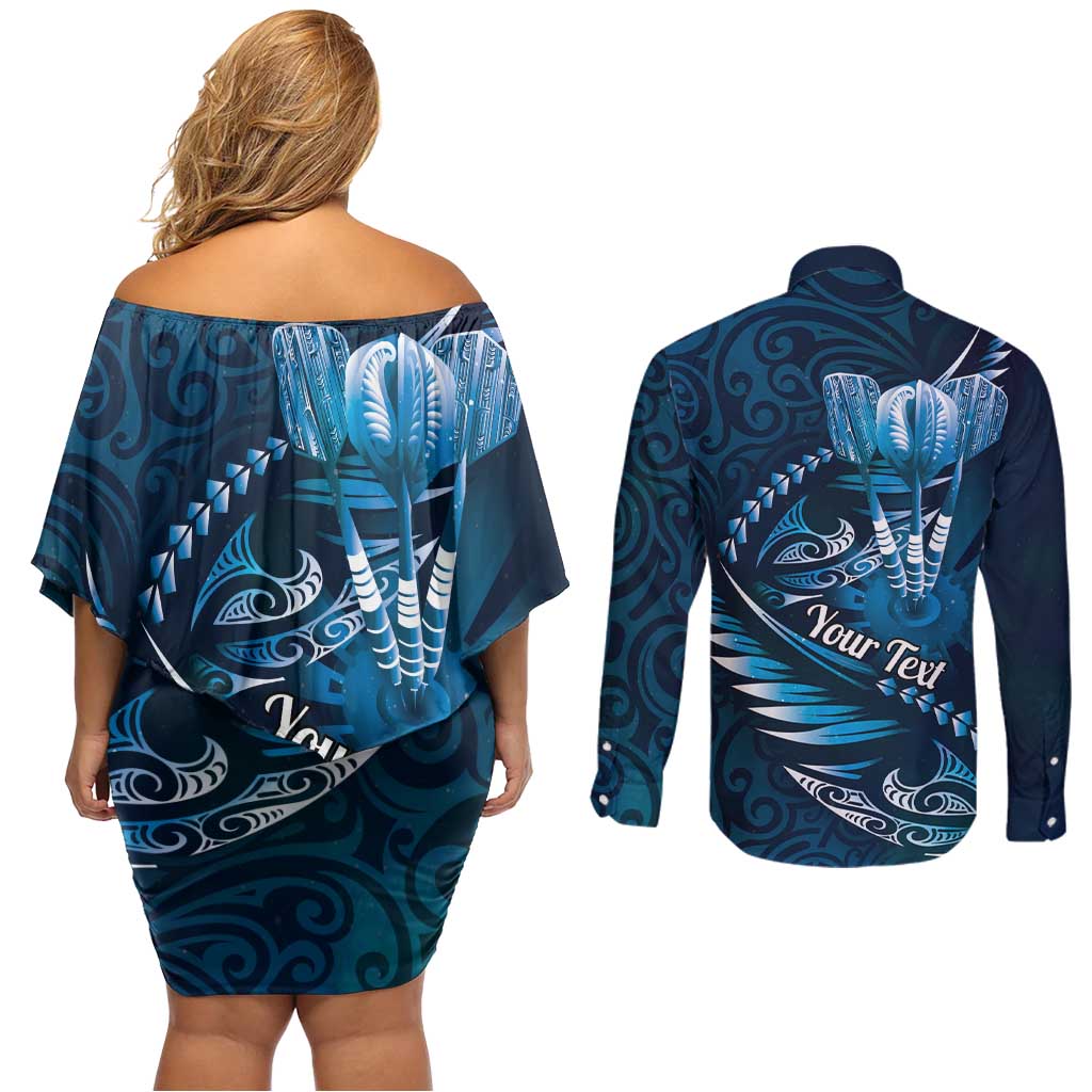 Personalised All Blue New Zealand Darts Couples Matching Off Shoulder Short Dress and Long Sleeve Button Shirt Aoteroa Fern Maori Galaxy Style