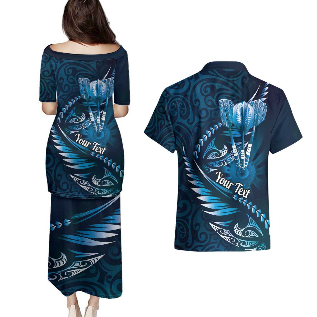 Personalised All Blue New Zealand Darts Couples Matching Puletasi and Hawaiian Shirt Aoteroa Fern Maori Galaxy Style