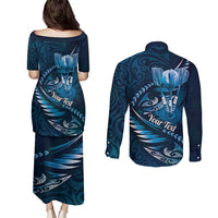 Personalised All Blue New Zealand Darts Couples Matching Puletasi and Long Sleeve Button Shirt Aoteroa Fern Maori Galaxy Style