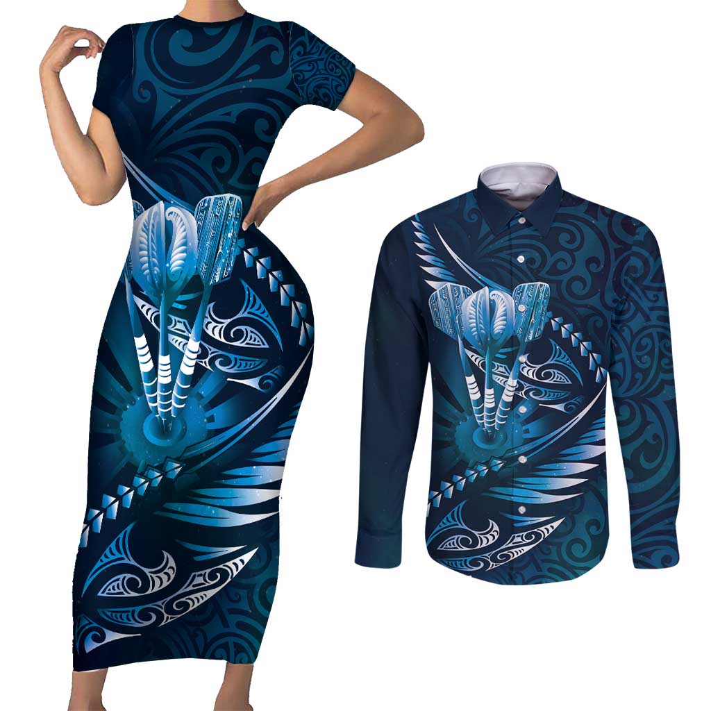 Personalised All Blue New Zealand Darts Couples Matching Short Sleeve Bodycon Dress and Long Sleeve Button Shirt Aoteroa Fern Maori Galaxy Style