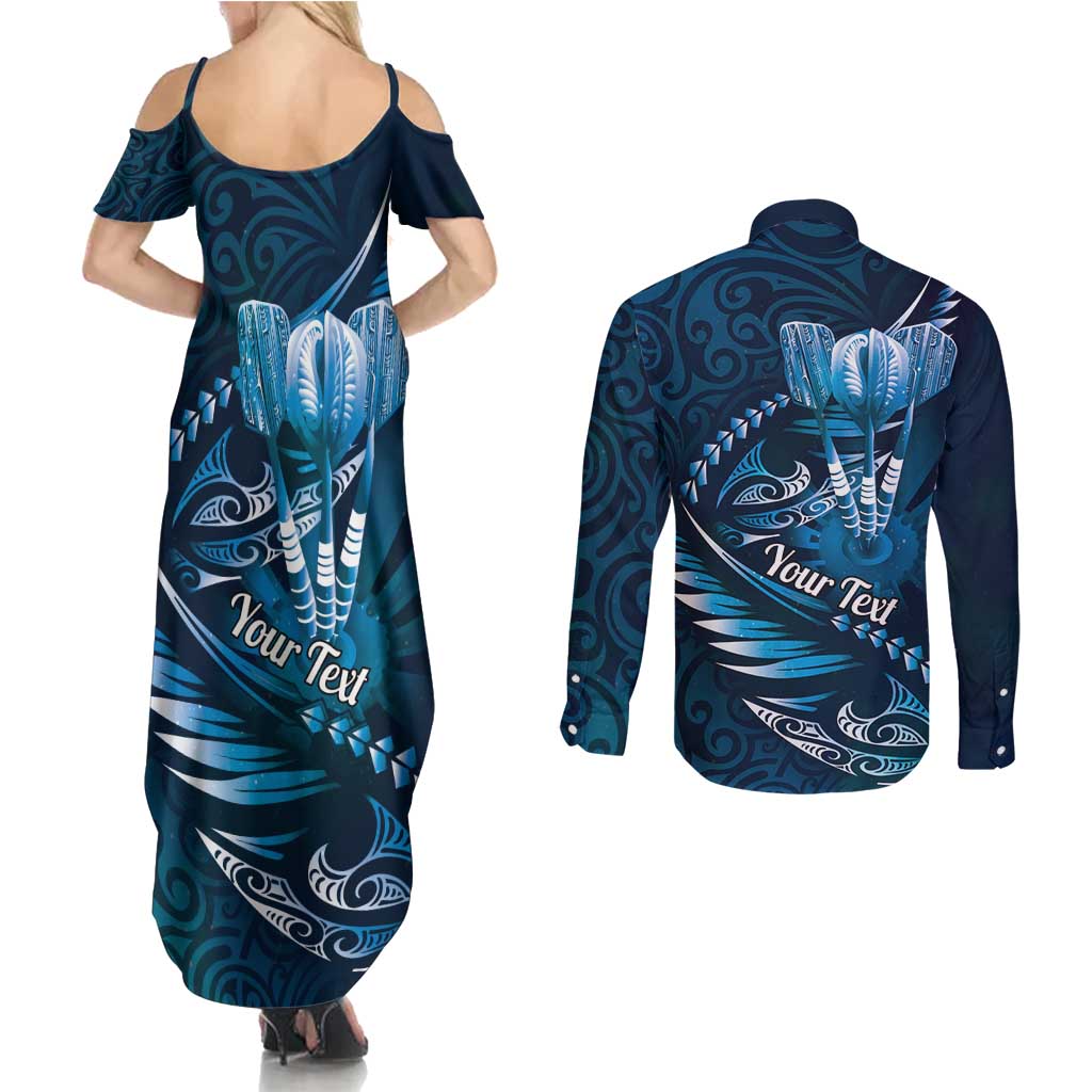 Personalised All Blue New Zealand Darts Couples Matching Summer Maxi Dress and Long Sleeve Button Shirt Aoteroa Fern Maori Galaxy Style