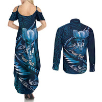 Personalised All Blue New Zealand Darts Couples Matching Summer Maxi Dress and Long Sleeve Button Shirt Aoteroa Fern Maori Galaxy Style