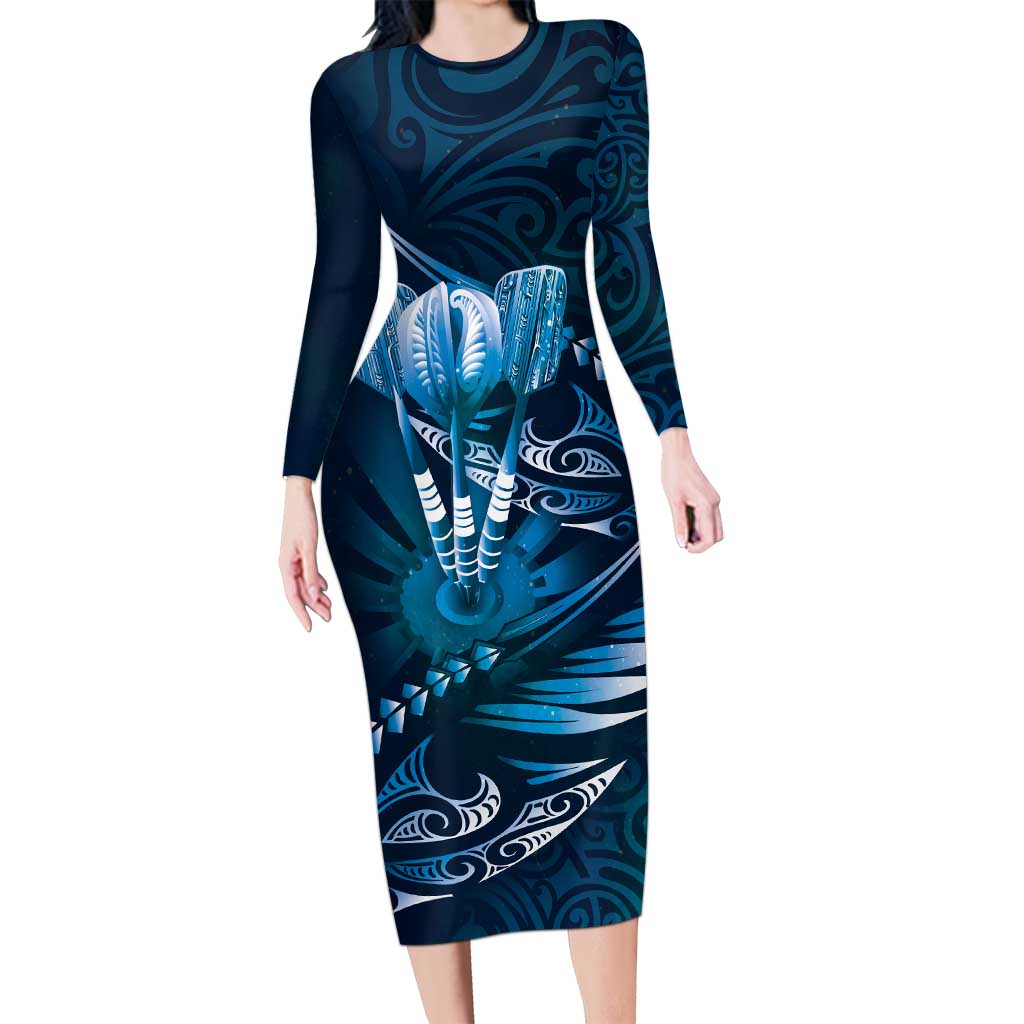 Personalised All Blue New Zealand Darts Family Matching Long Sleeve Bodycon Dress and Hawaiian Shirt Aoteroa Fern Maori Galaxy Style