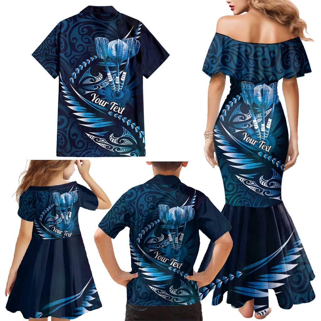Personalised All Blue New Zealand Darts Family Matching Mermaid Dress and Hawaiian Shirt Aoteroa Fern Maori Galaxy Style