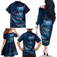 Personalised All Blue New Zealand Darts Family Matching Off The Shoulder Long Sleeve Dress and Hawaiian Shirt Aoteroa Fern Maori Galaxy Style