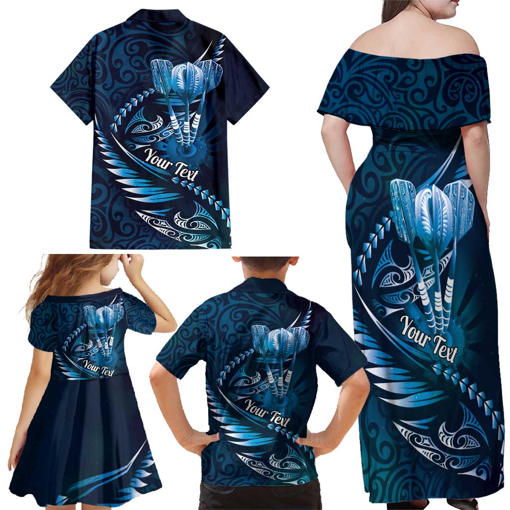 Personalised All Blue New Zealand Darts Family Matching Off Shoulder Maxi Dress and Hawaiian Shirt Aoteroa Fern Maori Galaxy Style
