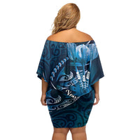 Personalised All Blue New Zealand Darts Family Matching Off Shoulder Short Dress and Hawaiian Shirt Aoteroa Fern Maori Galaxy Style