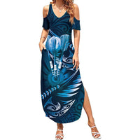 Personalised All Blue New Zealand Darts Family Matching Summer Maxi Dress and Hawaiian Shirt Aoteroa Fern Maori Galaxy Style