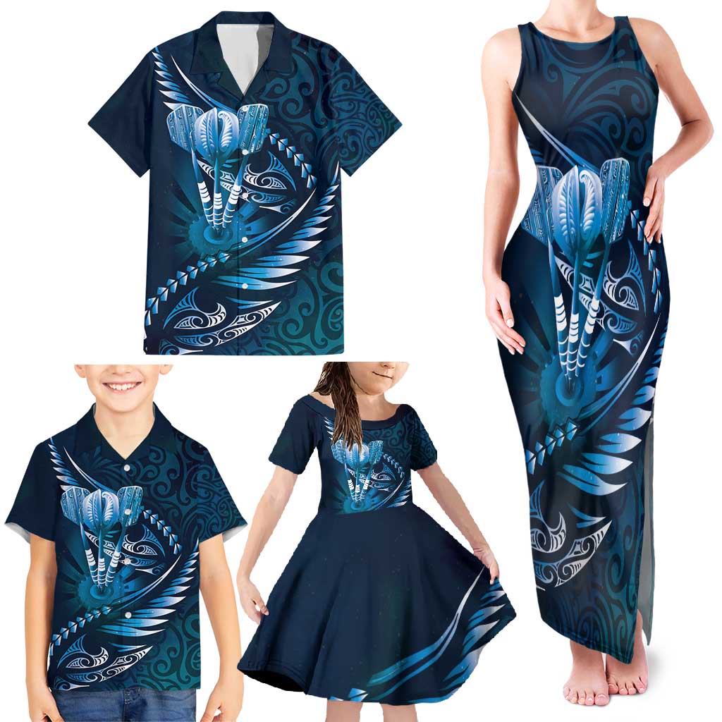 Personalised All Blue New Zealand Darts Family Matching Tank Maxi Dress and Hawaiian Shirt Aoteroa Fern Maori Galaxy Style
