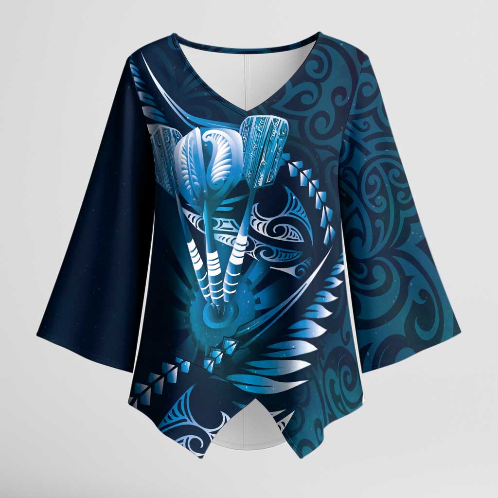 Personalised All Blue New Zealand Darts Kimono Sleeve Blouse Aoteroa Fern Maori Galaxy Style - Polynesian Pride