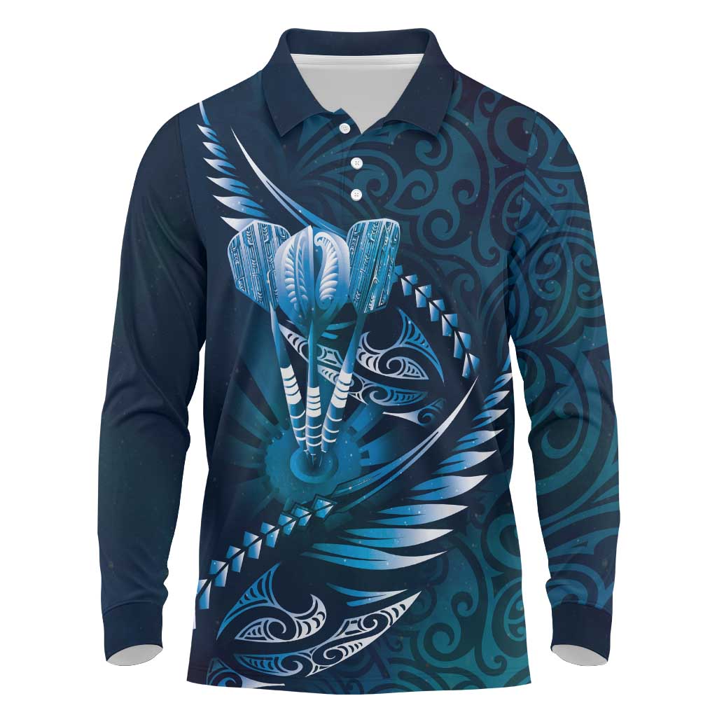 Personalised All Blue New Zealand Darts Long Sleeve Polo Shirt Aoteroa Fern Maori Galaxy Style