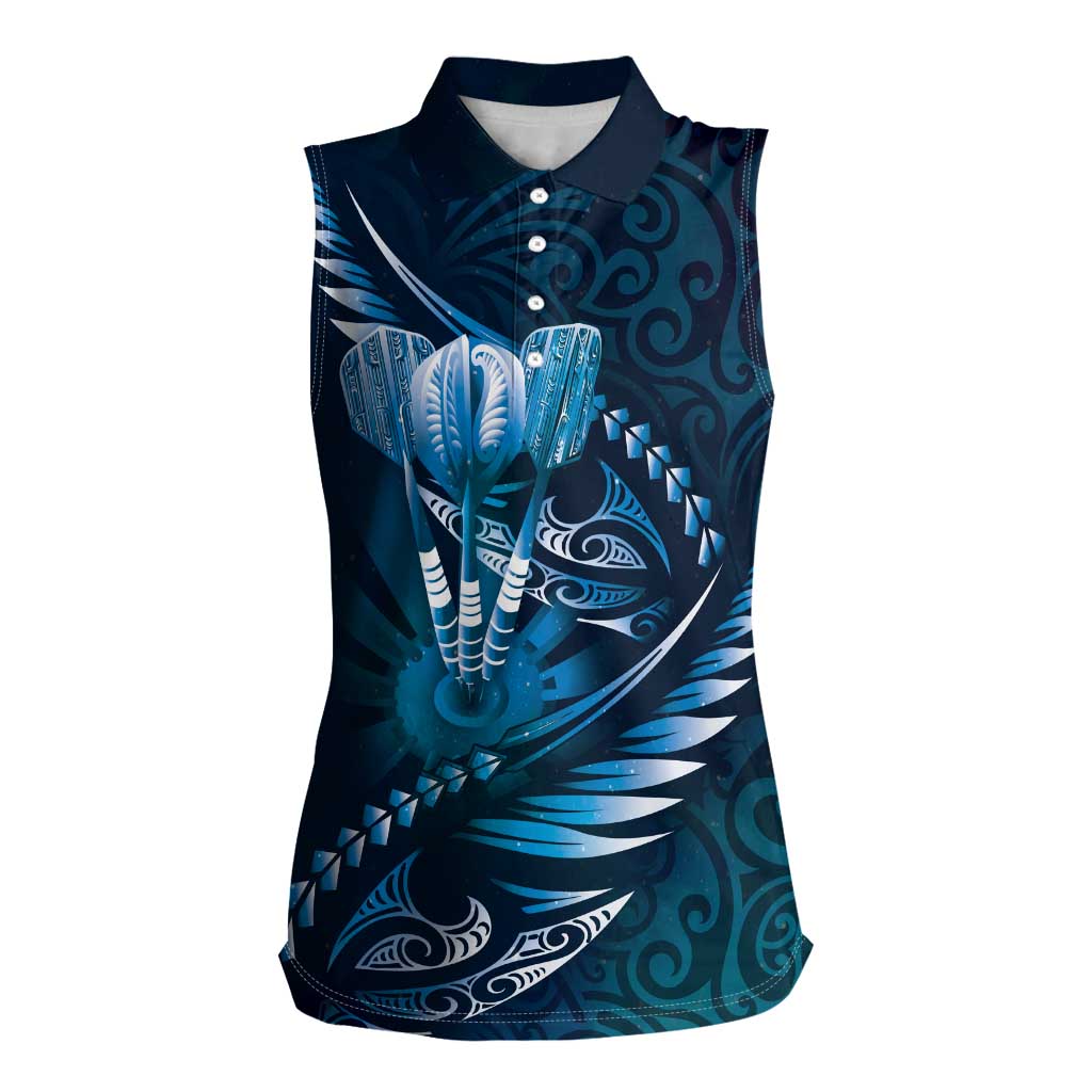 Personalised All Blue New Zealand Darts Women Sleeveless Polo Shirt Aoteroa Fern Maori Galaxy Style