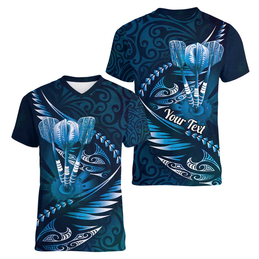 Personalised All Blue New Zealand Darts Women V-Neck T-Shirt Aoteroa Fern Maori Galaxy Style