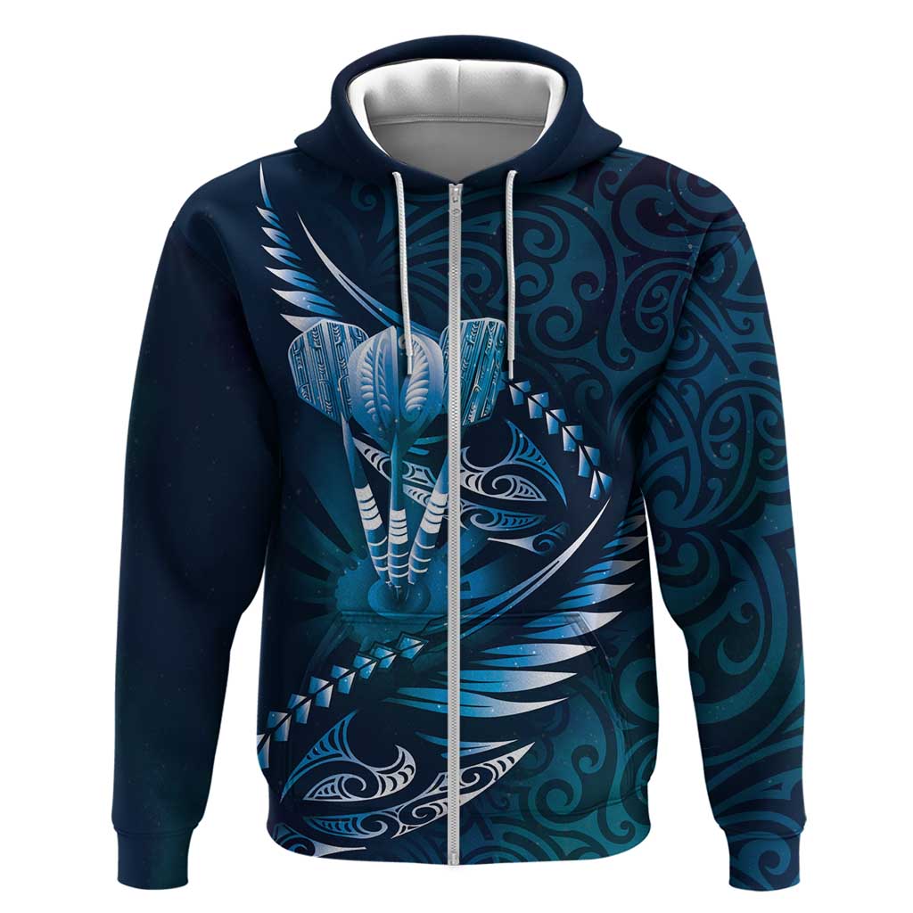 Personalised All Blue New Zealand Darts Zip Hoodie Aoteroa Fern Maori Galaxy Style