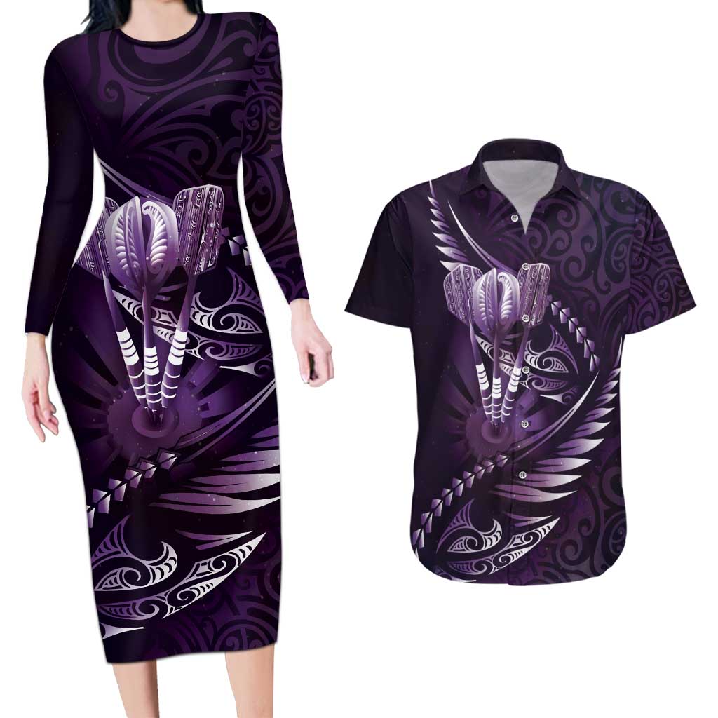 Personalised All Purple New Zealand Darts Couples Matching Long Sleeve Bodycon Dress and Hawaiian Shirt Aoteroa Fern Maori Galaxy Style
