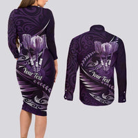 Personalised All Purple New Zealand Darts Couples Matching Long Sleeve Bodycon Dress and Long Sleeve Button Shirt Aoteroa Fern Maori Galaxy Style