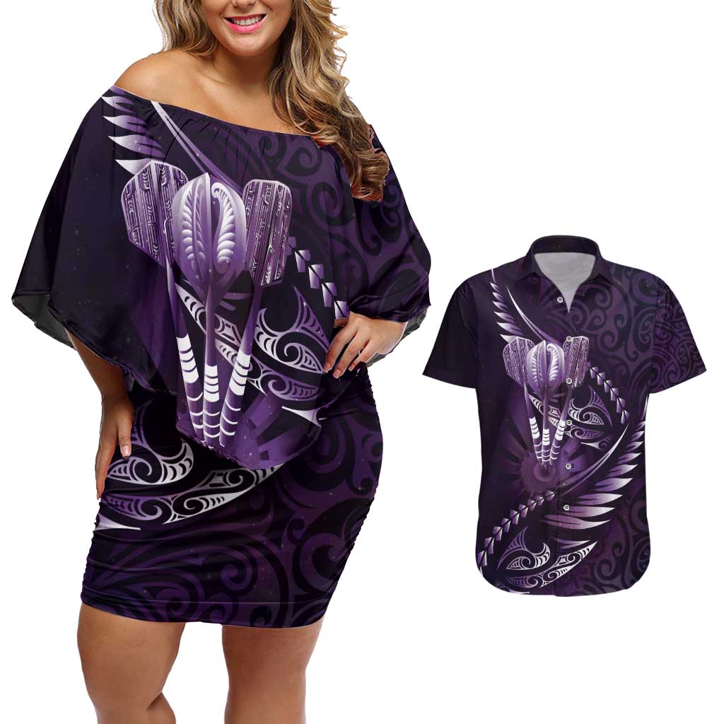 Personalised All Purple New Zealand Darts Couples Matching Off Shoulder Short Dress and Hawaiian Shirt Aoteroa Fern Maori Galaxy Style