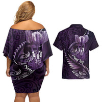 Personalised All Purple New Zealand Darts Couples Matching Off Shoulder Short Dress and Hawaiian Shirt Aoteroa Fern Maori Galaxy Style