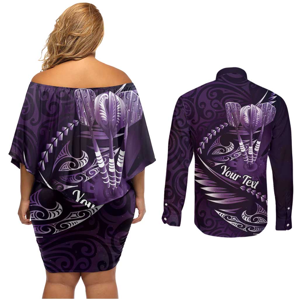 Personalised All Purple New Zealand Darts Couples Matching Off Shoulder Short Dress and Long Sleeve Button Shirt Aoteroa Fern Maori Galaxy Style
