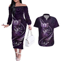 Personalised All Purple New Zealand Darts Couples Matching Off The Shoulder Long Sleeve Dress and Hawaiian Shirt Aoteroa Fern Maori Galaxy Style