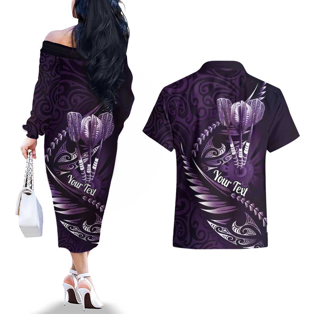 Personalised All Purple New Zealand Darts Couples Matching Off The Shoulder Long Sleeve Dress and Hawaiian Shirt Aoteroa Fern Maori Galaxy Style