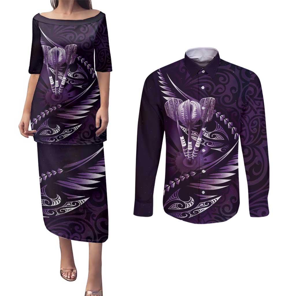 Personalised All Purple New Zealand Darts Couples Matching Puletasi and Long Sleeve Button Shirt Aoteroa Fern Maori Galaxy Style