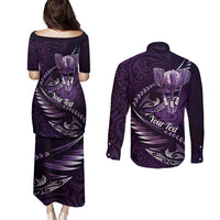 Personalised All Purple New Zealand Darts Couples Matching Puletasi and Long Sleeve Button Shirt Aoteroa Fern Maori Galaxy Style