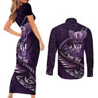 Personalised All Purple New Zealand Darts Couples Matching Short Sleeve Bodycon Dress and Long Sleeve Button Shirt Aoteroa Fern Maori Galaxy Style
